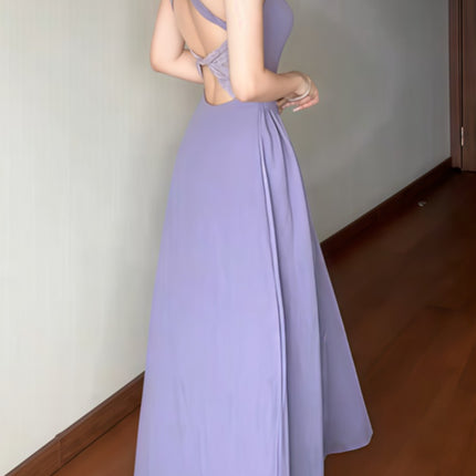 Onbely robe longue trapèze unicolore dos nu v-cou élégant bal de promo