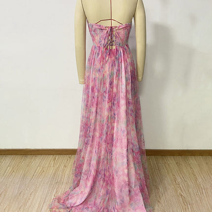 Onbely robe de soirée maxi longue fendue sur le côté à imprimé floral rose pour un mariage