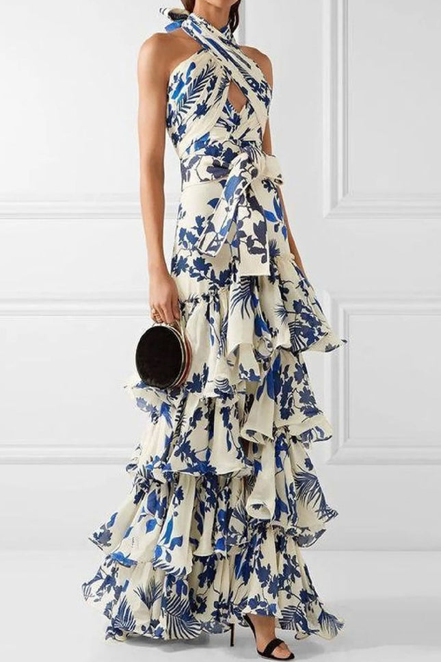 Onbely Robe longue bohème élégante à imprimé fleuri avec licou et ourlet froufrou pour vacances et bal