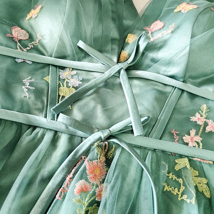 Onbely robe de soirée maxi longue en tulle brodé à la Bridgerton avec manches bouffantes vertes pour un mariage