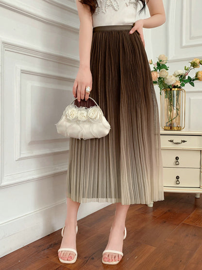 Onbely Jupe Longue Plissée en Tulle à Couleur Dégradé Élégant pour Femme