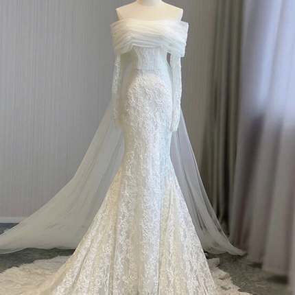 Onbely robe de mariée maxi longue sirene col bateau manches longues élégant