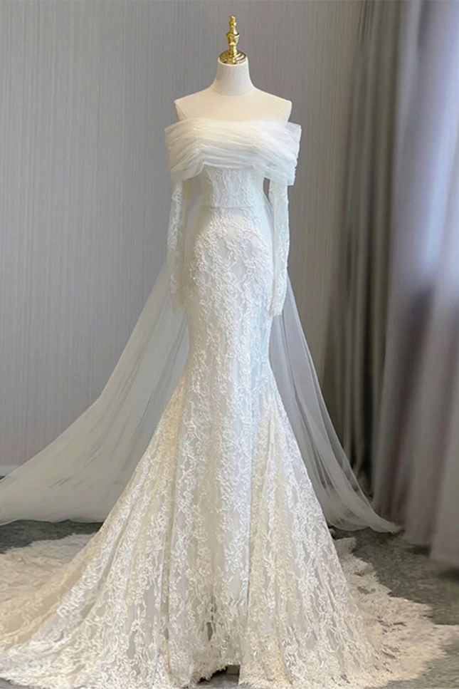 Onbely robe de mariée maxi longue sirene col bateau manches longues élégant