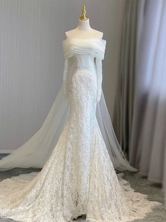 Onbely robe de mariée maxi longue sirene col bateau manches longues élégant