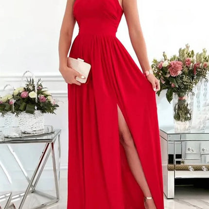 Onbely robe longue fluide fendue sur le côté col licou dos nu bretelles col en V sans manches femme élégante soirée bal de promo cérémonie