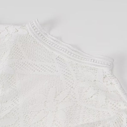 Onbely robe mi-longue dentelle coulisse taille col en V manches longues bohème blanc boho dress