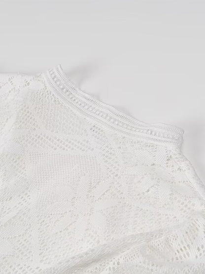 Onbely robe mi-longue dentelle coulisse taille col en V manches longues bohème blanc