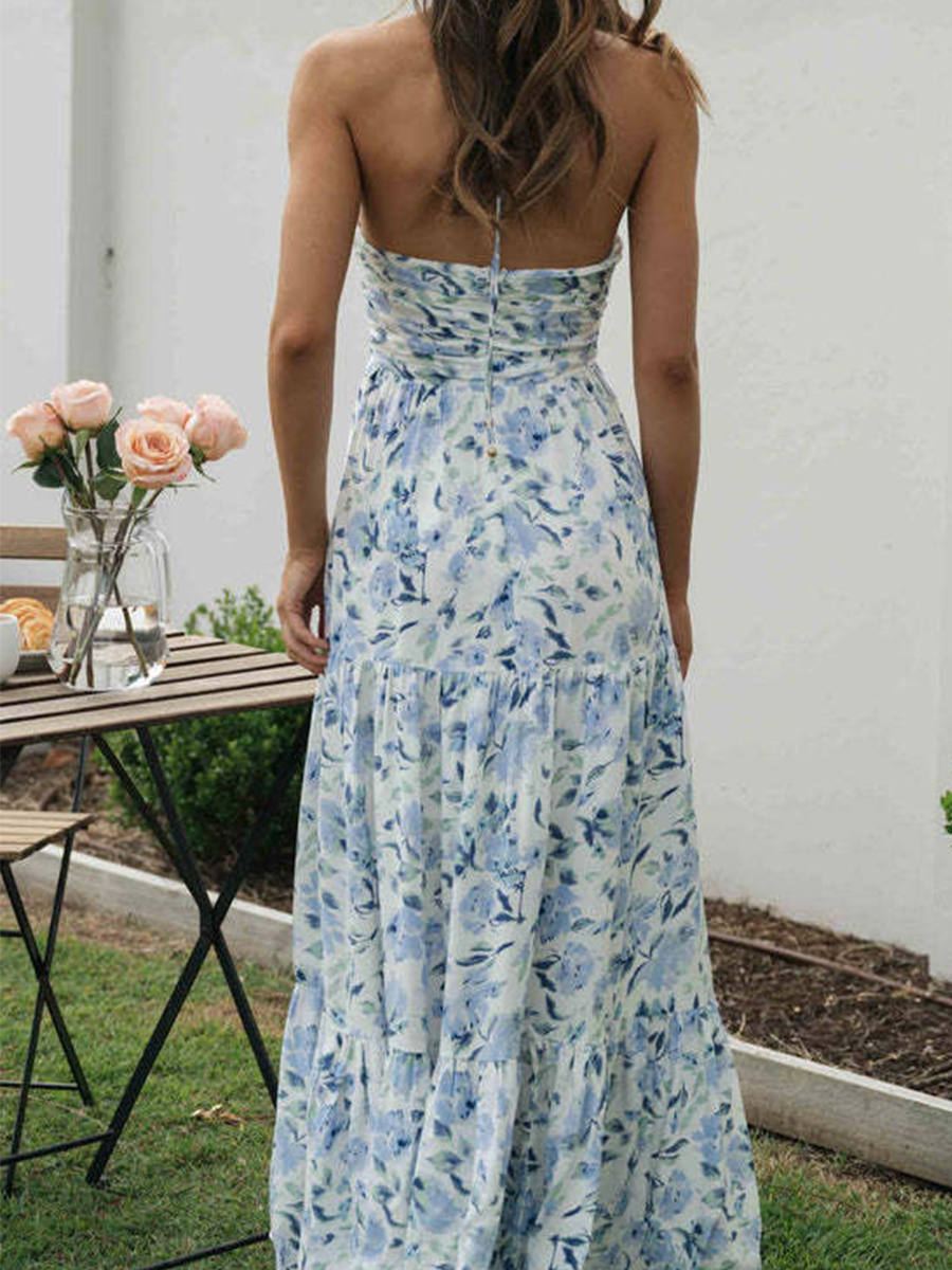 Onbely Robe longue mousseline imprimé à fleurie licou dos nu vacances