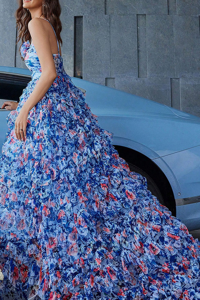 Onbely robe de soirée maxi longue en mousseline imprimée à fleurs dos nu bleue pour un mariage