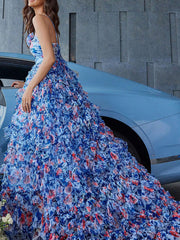 Onbely Blue Floral Print Chiffon Backless Maxi Long Evening Dress for Wedding