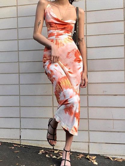 Onbely mi-longue robe moulante imprimé à fleurie dos nu à fines brides cintrée mode vacances