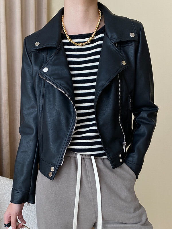 Onbely veste courte cuir PU mode avec poches femme - onbely