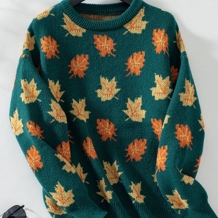 Onbely pull Feuille d'érable tissu tricoté col rond manches longues feme lâche / ample décontractée tous les jours bureau