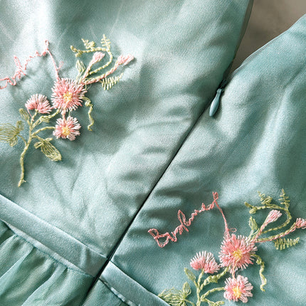 Onbely robe de soirée maxi longue en tulle brodé à la Bridgerton avec manches bouffantes vertes pour un mariage