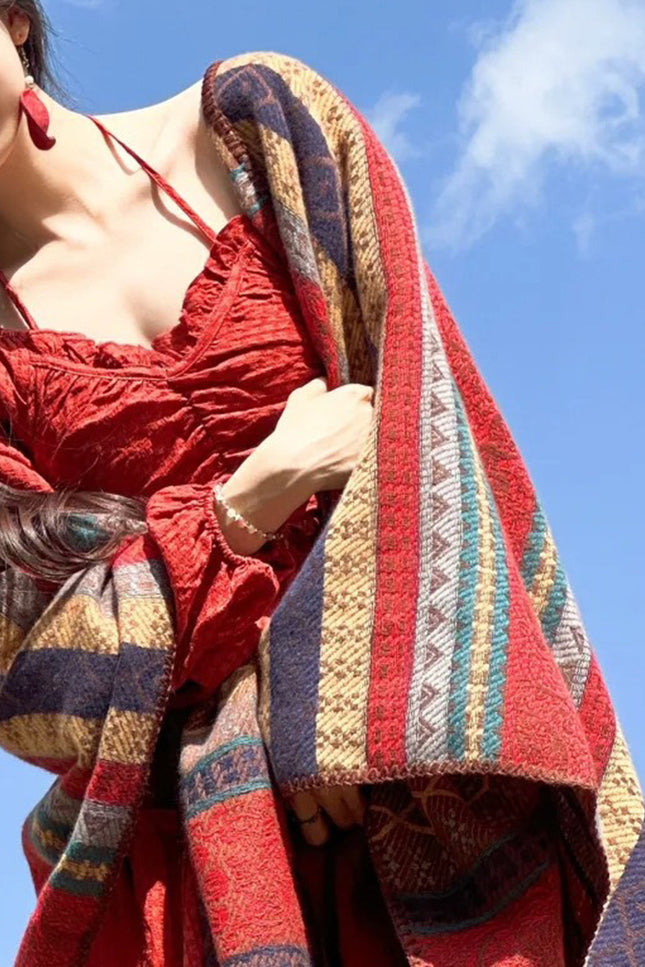 Onbely châle jacquard avec frange ethnique