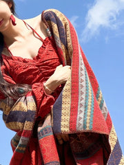 Onbely jacquard shawl with ethnic fringe