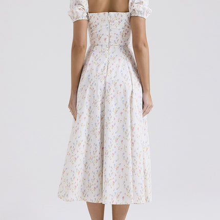 Onbely robe de soirée longue blanche à imprimé fleuri col carré et manches bouffantes pour ou mariage