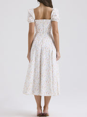 Onbely long white evening dress with floral print square neck and puff sleeves for or wedding