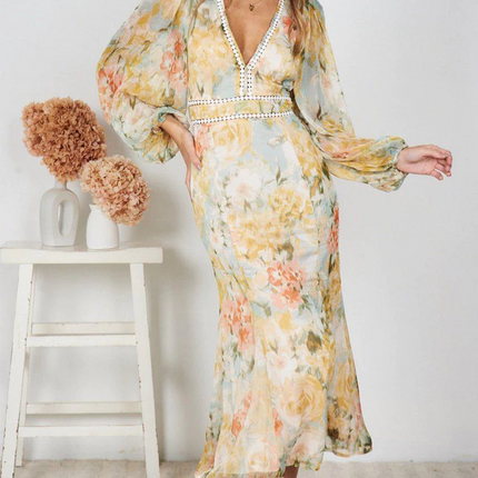 Onbely Robe mousseline fendu à imprimé floral V-col manches longues élégant