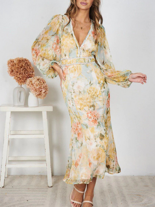 Onbely Robe mousseline fendu à imprimé floral V-col manches longues élégant