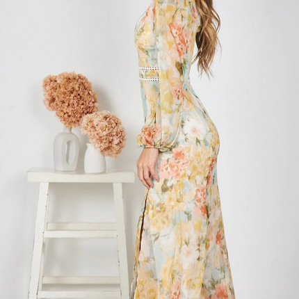 Onbely Robe mousseline fendu à imprimé floral V-col manches longues élégant