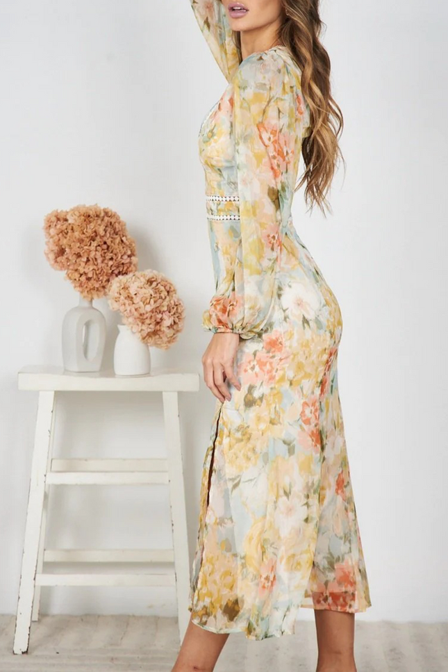 Onbely Robe mousseline fendu à imprimé floral V-col manches longues élégant