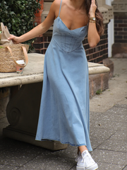 Onbely Corset Style Halter Neck Bodycon Denim Maxi Dress with Thin Straps