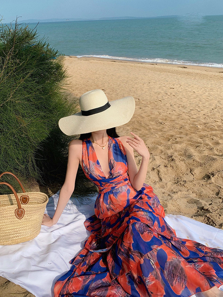 Onbely robe maxi longue licou froufrou dos nu orange