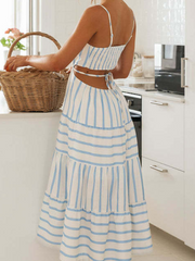 Onbely Boho Backless Maxi Dress with Thin Straps Striped Pattern Cut Outs and Multi Ruffled Skirts