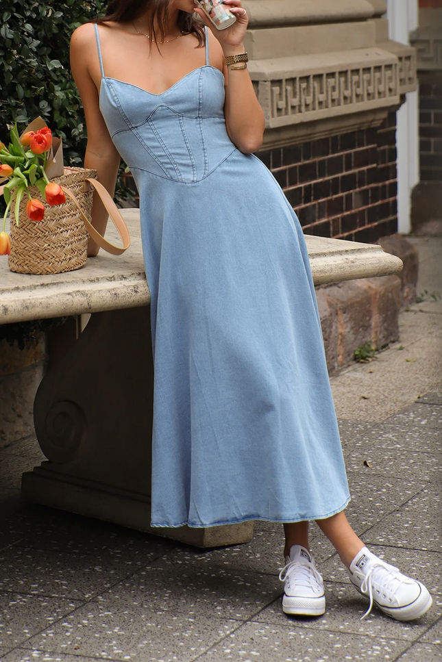 Onbely Robe longue en denim à fines brides mode bleu