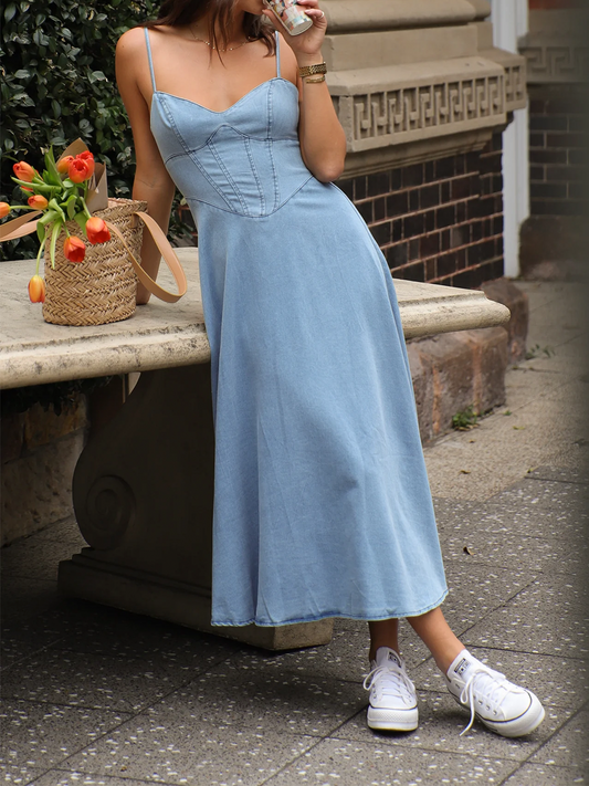 Onbely Robe longue en denim à fines brides mode bleu