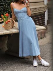 Onbely Corset Style Halter Neck Bodycon Denim Maxi Dress with Thin Straps