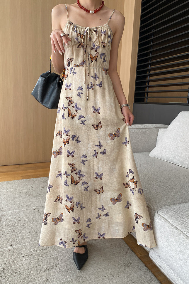 Onbely Robe longue à imprimé papillon avec fines bretelles