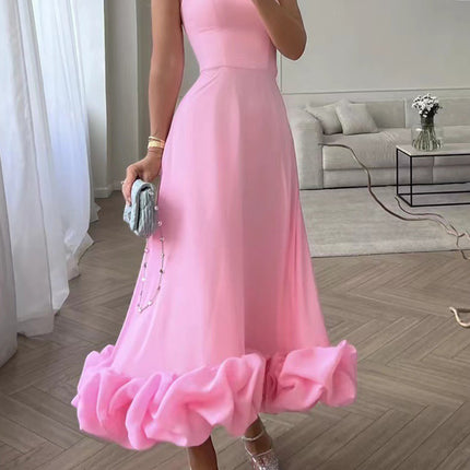 Onbely robe longue bustier à fines brides avec volants, élégante et douce pour cocktail et bal de promo