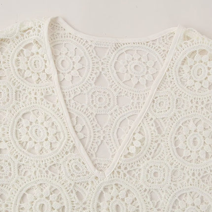 Onbely robe longue trapèze unicolore dentelle brodée col en V manches trompette manches longues mode tous les jours bureau