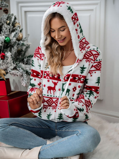 Veste à capuche zippée avec cordon et motifs de Noël