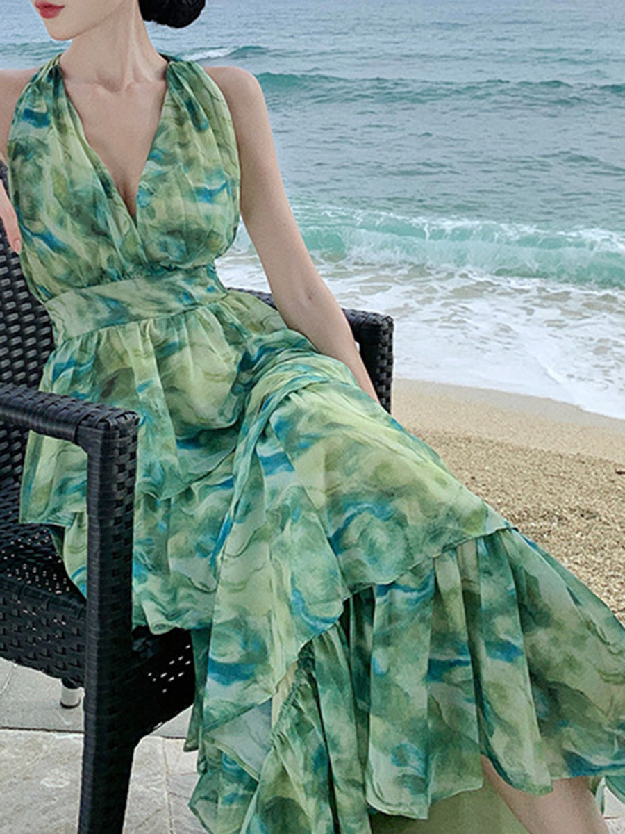 Onbely robe maxi longue licou froufrou dos nu vert