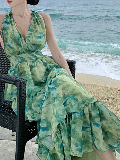 Onbely robe maxi longue licou froufrou dos nu vert