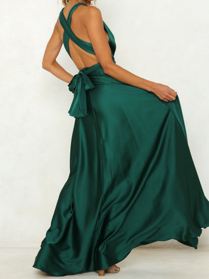 Onbely robe de soirée longue unicolore dos nu col en V licou/ras-du-cou taille élastique élégant invité mariage bal de promo