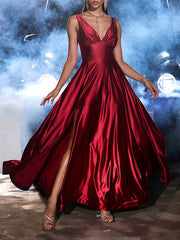 Onbely robe maxi longue satin fendu le côté de soirée rouge