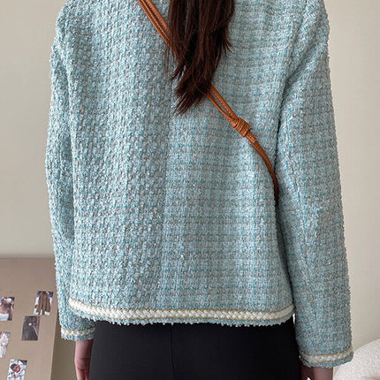 Onbely veste courte en tweed boutonnage avec poches femme élégant bleu