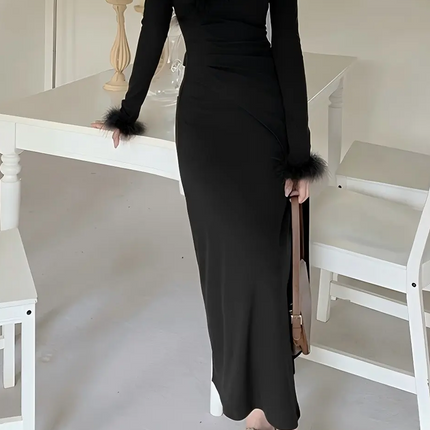 Onbely Robe slim élégante à col en V et manches longues