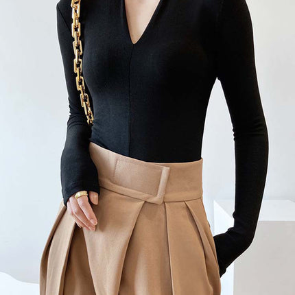 Onbely haut tricot côtelé Col en V manches longues femme