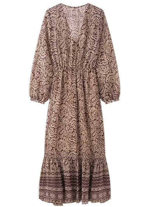 Onbely Robe Longue mousselin Paisley V-col Manches Longues Bohème