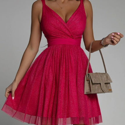 Onbely robe courte trapèze unicolore plissé bretelle col en V doux tous les jours bureau