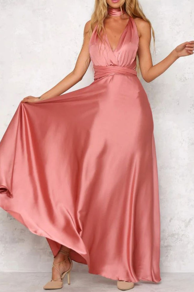 Onbely robe de soirée longue unicolore dos nu col en V licou/ras-du-cou taille élastique élégant invité mariage bal de promo