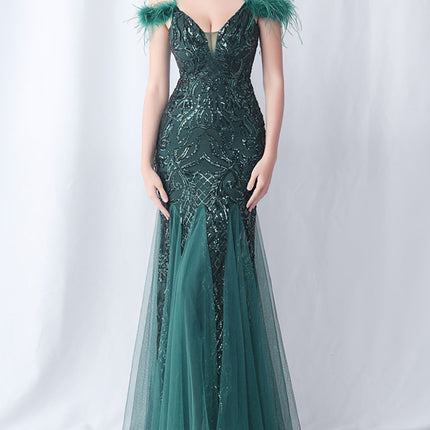 Onbely robe de soirée maxi longue en paillettes brillantes avec plumes pour un mariage femme cérémonie