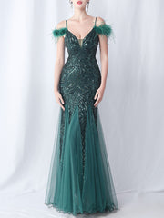 Onbely Long Maxi Evening Dress in Shiny Sequins with Feathers for Women Wedding Ceremony