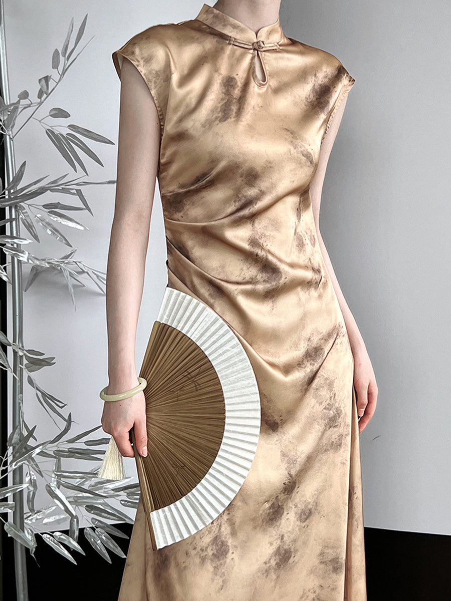 Onbely Cheongsam Qipao Gold Satin Elegant Sleeveless