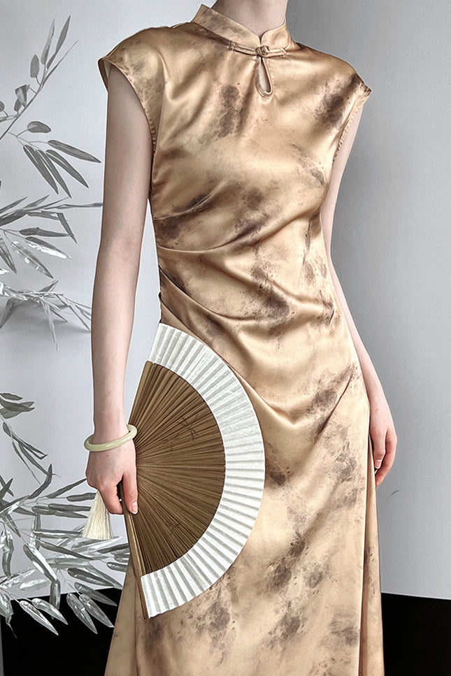 Onbely Cheongsam Qipao Satin Dorée Élégant Sans Manches